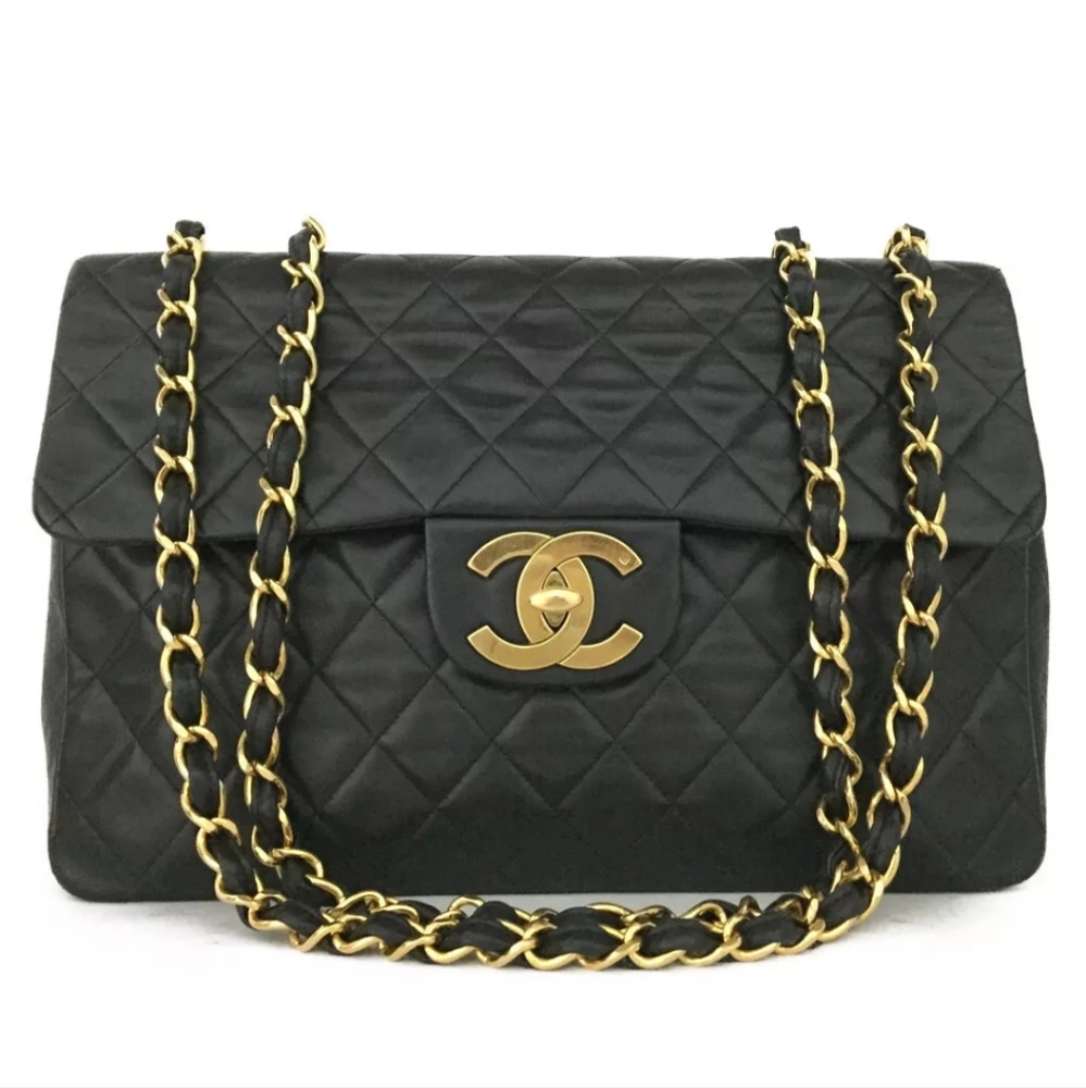 CHANEL Maxi Jumbo 34 Quilted Matelasse XL Lambskin w/Chain Shoulder Bag